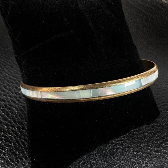 Vintage Brass Mother of Pearl Inlay Bangle Southwestern Boho Natural Shell - Picture 3 of 8
